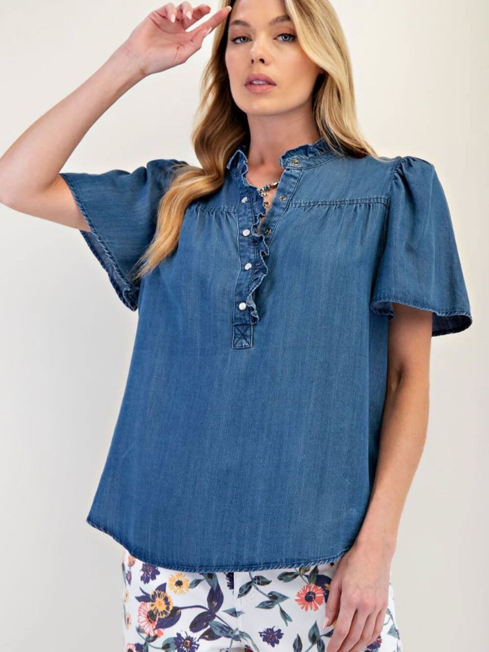 Easel Dark Denim Ruffle Top - Picture 4 of 5
